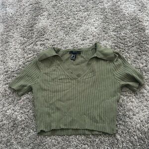 Green Ribbed V-Neck Top